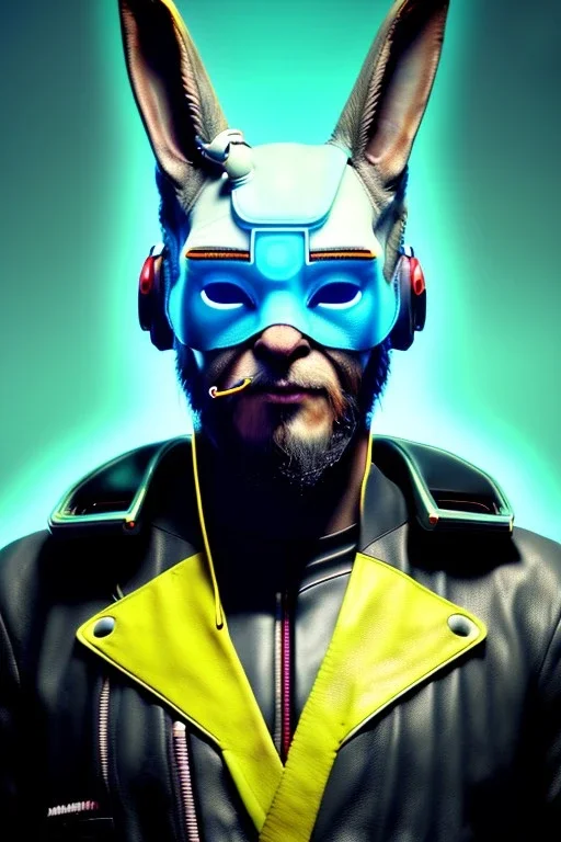 Medium Close Up Portrait, Front image. cyberpunk, rabbit mask, rasta man, white short hair. leather, titanium suit. Yellow, black, red, color. Ghost in the shell style. Color background, photo studio. Avatar image, highly detailed, concept art, smooth, unreal engine 5, god rays, ray tracing, RTX, lumen lighting, ultra detail, volumetric lighting, 3d, finely drawn, high definition, high resolution.