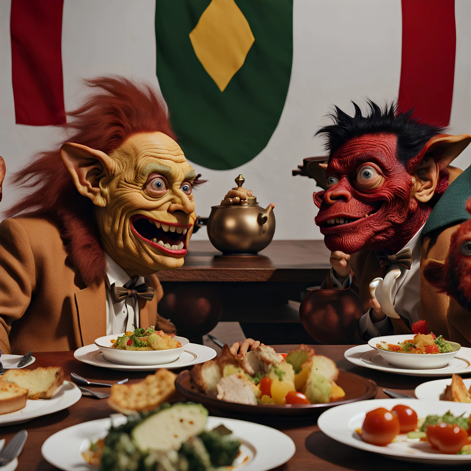 Close-up shot of ultra realistic odd monsters dining, Egon Schiele, vivid, deep 3d field, ultra realistic, Egon Schiele, hypermaximalist figures, light, Italian 1970's odd movie, hilarious, Minicavio Quollati style, photography by Marlost Endgulp, ornate, 4k, photorealism