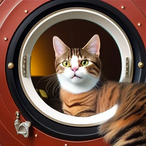 hyper-realistic cat in front of porthole with astronaut, 8k resolution, high-quality, fine-detail, detailed matte, intricate, 3D octane render, illustration, digital art, brian froud, howard lyon, anna dittman, greg rutowski,