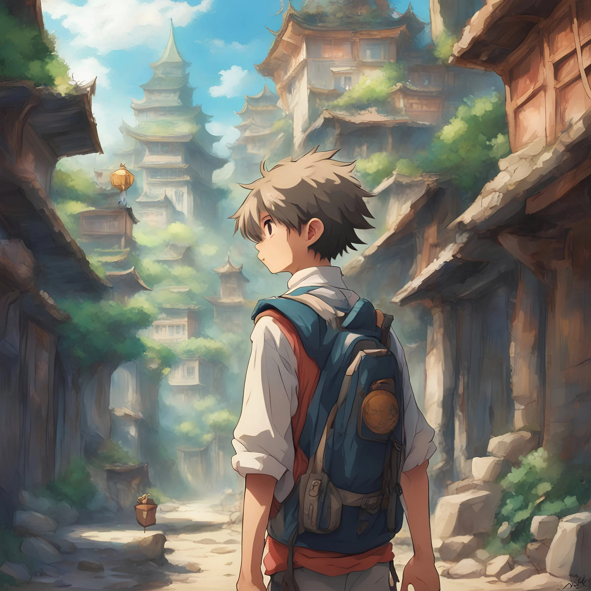 I want a photo of a 13 year old boy who took an exciting and adventurous trip around the world. I want him to face obstacles and discover ancient secrets. I want it anime