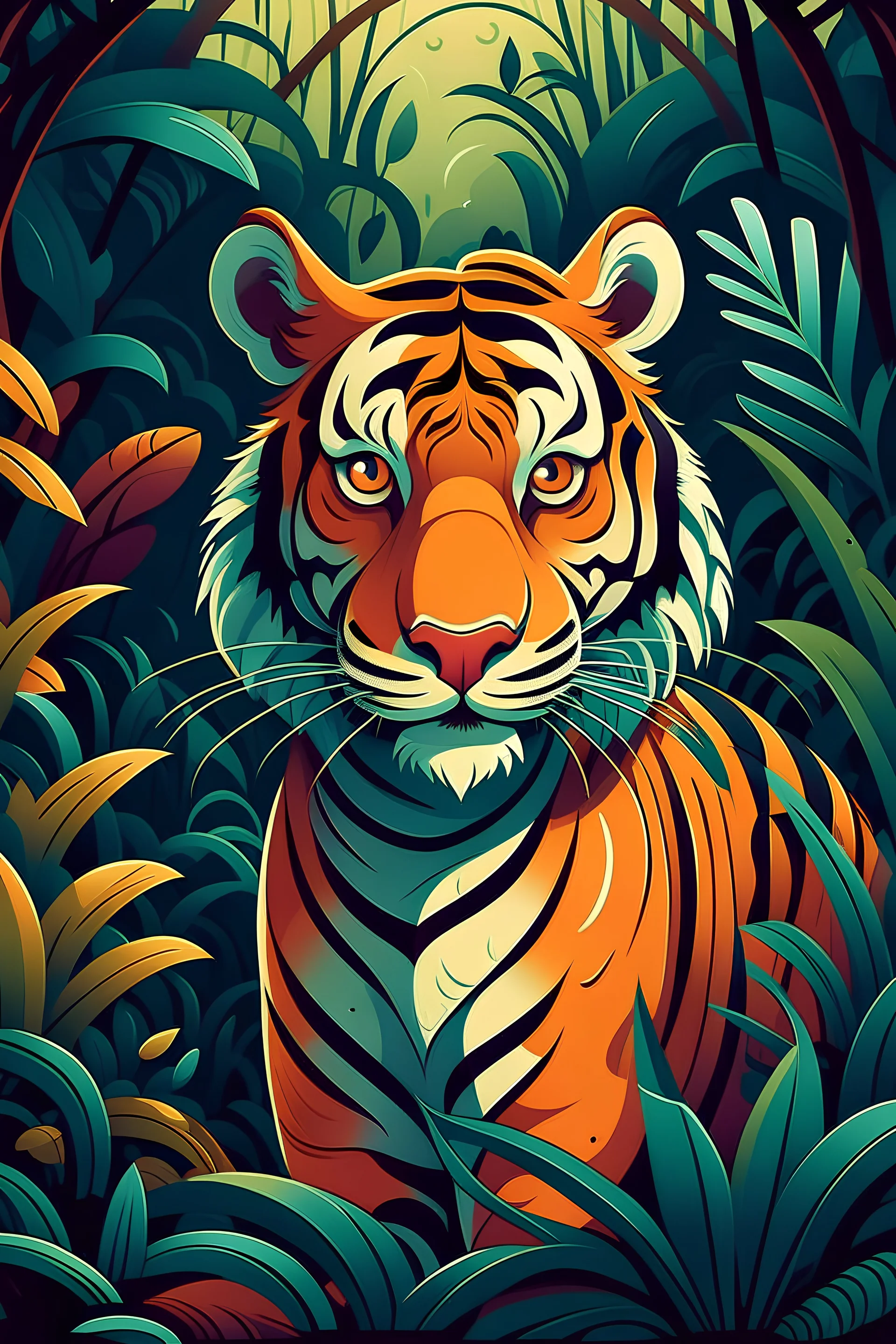 tiger in a jungle, cartoon style, thick lines, vivid details, --ar 9:11
