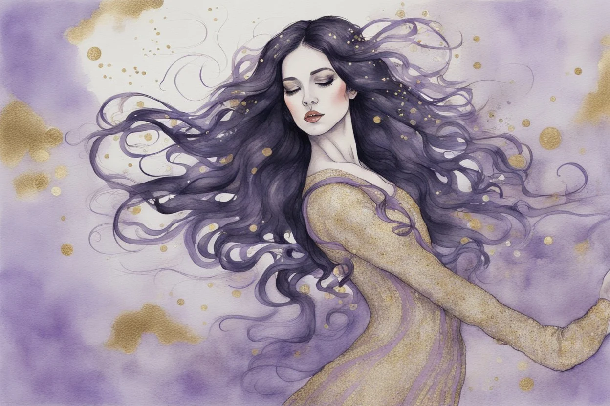 Dynamically dancing long haired brunette woman, in Klimt style, in lilac, watercolor and ink, golden glitters