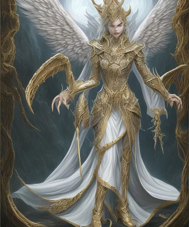 An angel of death, pure white scales cover her form, descended from a dragon, a sorcerer of high power, horns and scales replacing skin, gold scales, avenging angel, she will kill you