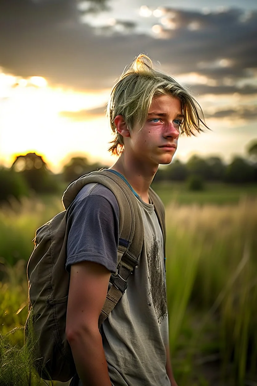 A close up photo of a handsome fifteen year old boy wearing a dusty backpack standing in a field with an abandoned city skyline in the background, sweaty blond hair, wearing a ripped tee shirt and stained shorts, sunset, tall grass, bright colours, vast landscape, cinematic photography, high resolution, high quality, highly detailed.