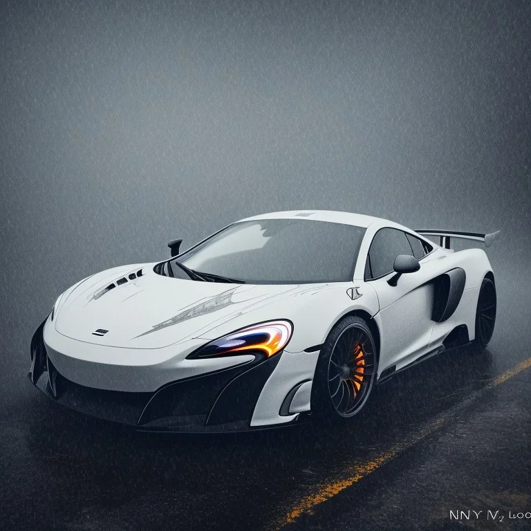 a white Mclaren 675LT in the rain in very dark and foggy conditions