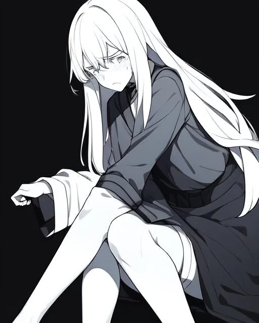 emotionless, numb, heartbroken, black and white, anime girl sitting with black background