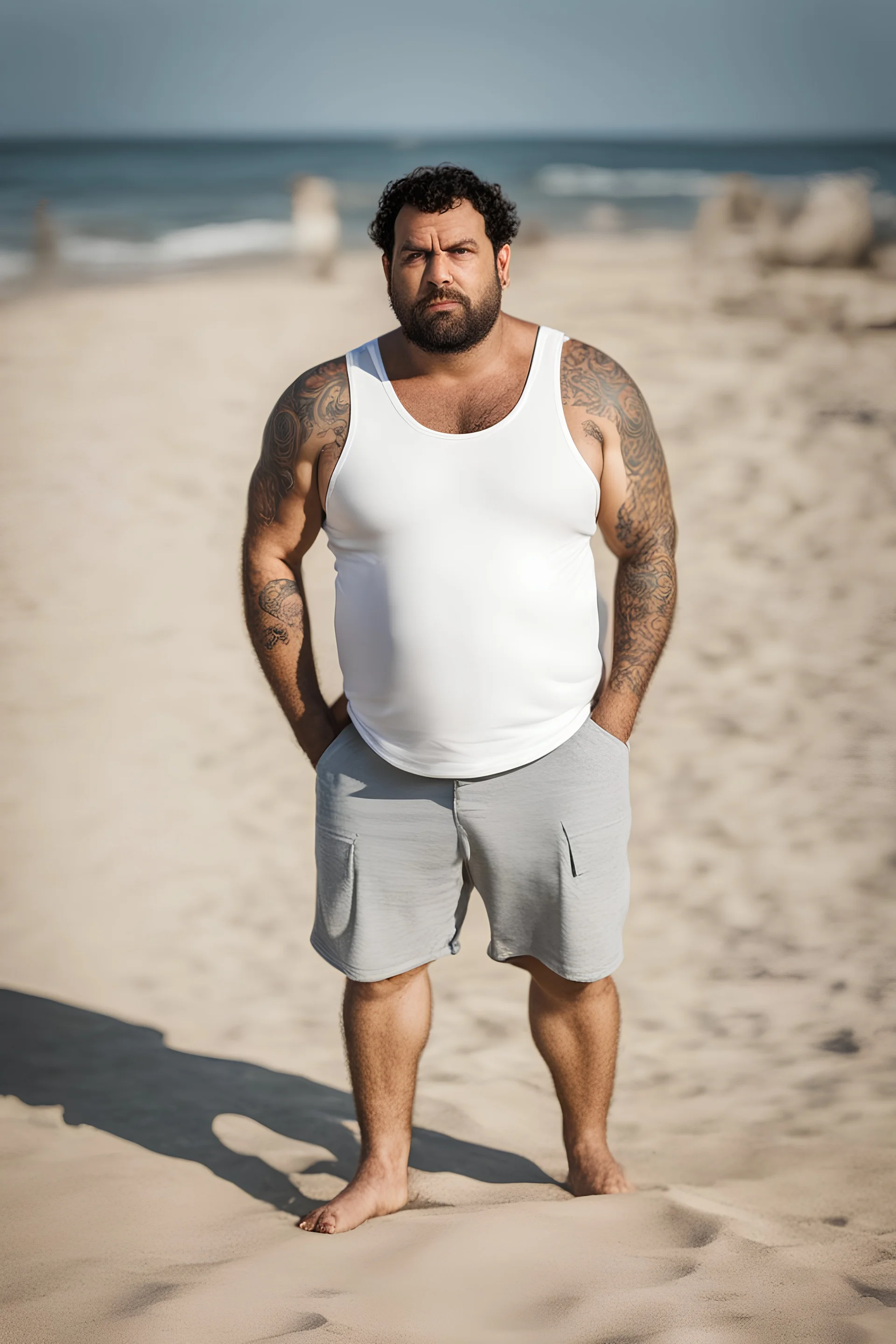 full figure shot photography of a tired chubby burly 38 years old ugly arab carpenter, tank top, big nose, tattoo, unshaved, short curly hair, manly chest, angry eyes, white boxer, open legs , at the beach in the sun, big shoulders, big tights, side light, ground view angle