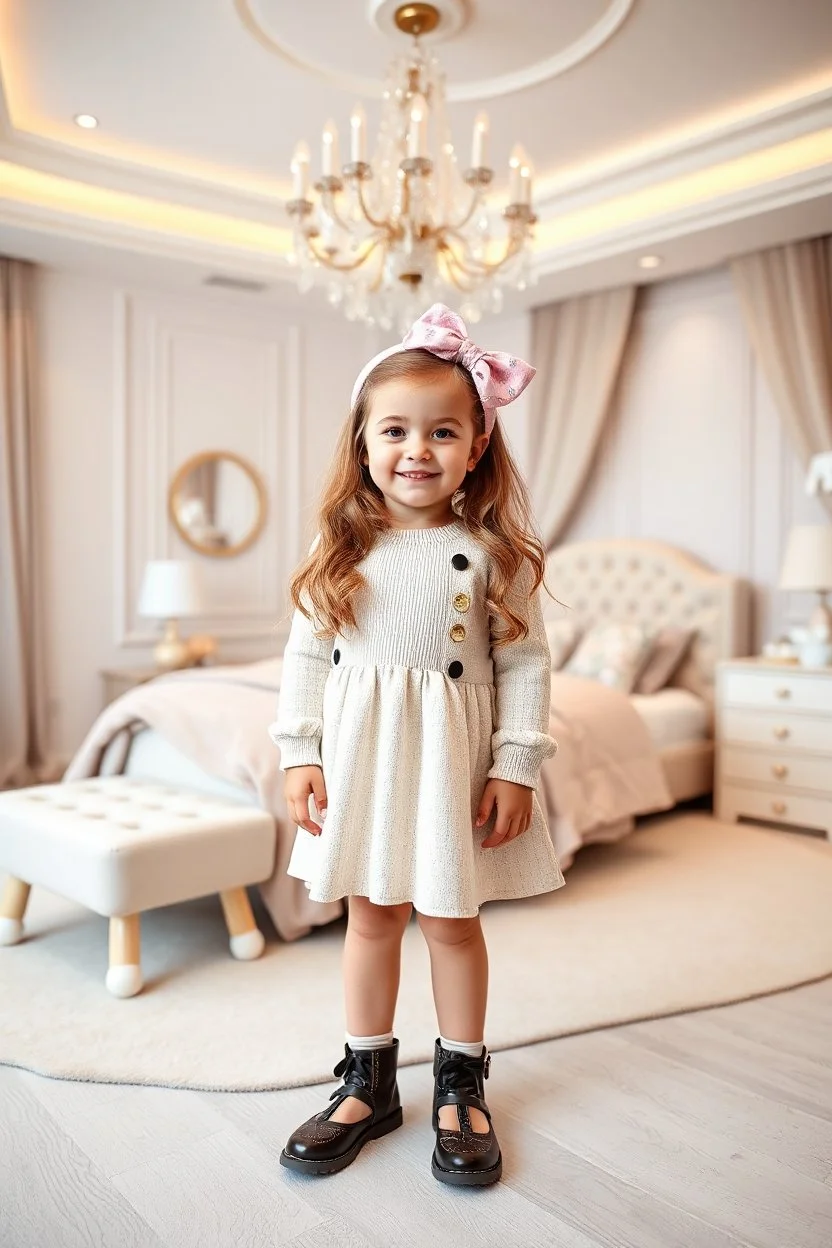 a 6 years old girl in modern clothing and makeup standing pose with cute and joy with pertty shoes in a very large luxury baby bedroom