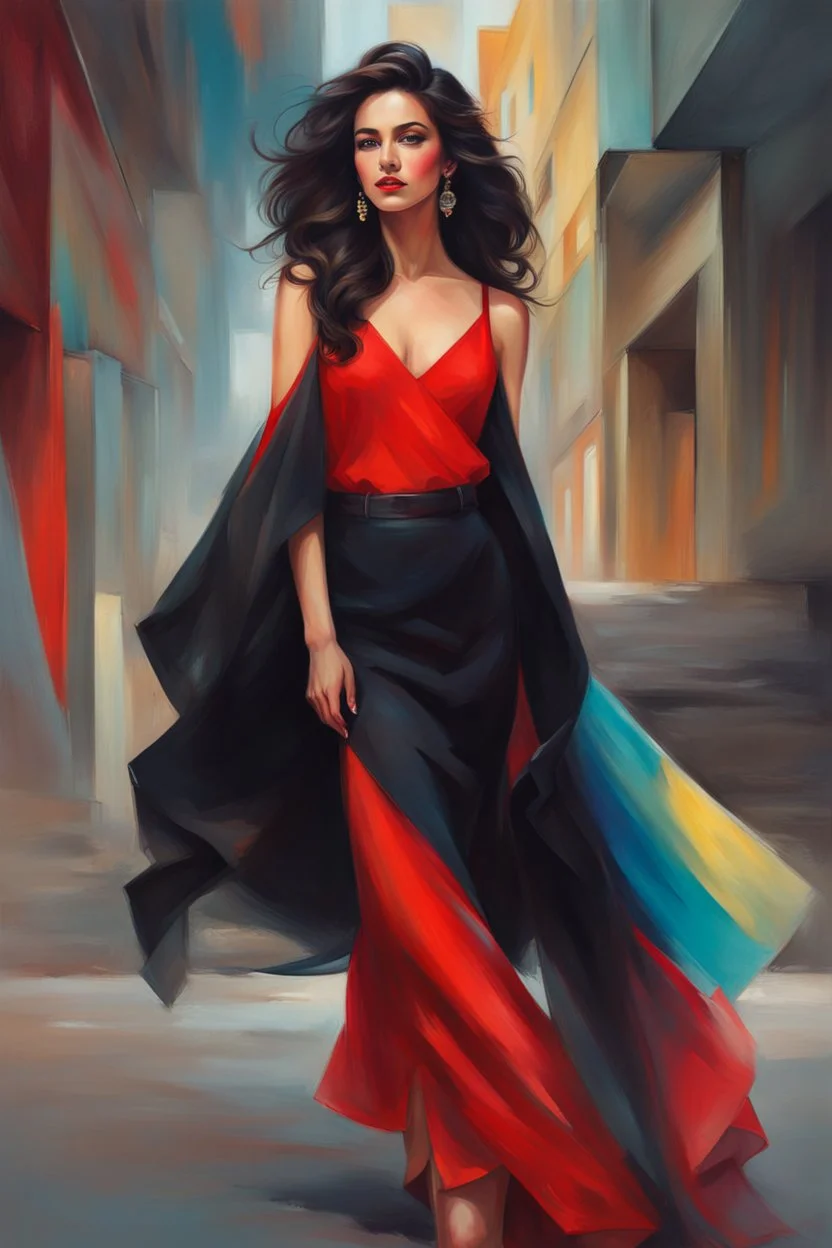 A full body Portrait of a beautiful young woman, slanted, dark eyes with large eyelashes, voluminous wavy black hair, red lipstick, thin strap blouse, colorful, perfect face, shine, realistic, best image quality, oil paint, Light clothes, vivid colors, Thin strap blouse, Art By Jon Bauer,, By cgsociety,standing