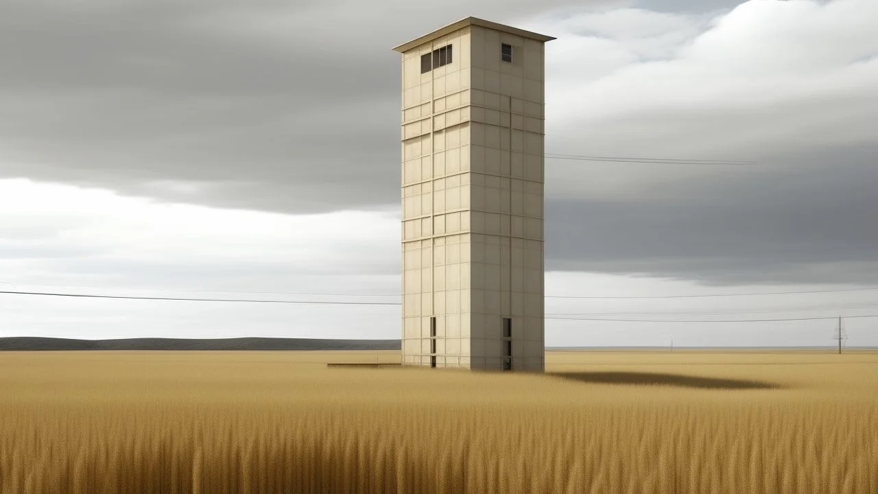 Aislamiento Funcionalista bajo Luz Nublada: Una vista frontal y clínica de una torre de elevador de grano de estuco beige pálido, similar a la de image_1.png, sola en un paisaje desolado de campos secos. El cielo es "Overcast" (nublado), proporcionando una luz uniforme y fría que resalta el desgaste de la pintura y las pequeñas ventanas cuadradas. Una solitaria farola de madera y una valla de alambre de espino en primer plano enfatizan el aislamiento. Fotografía de estilo documental de Bernd y H