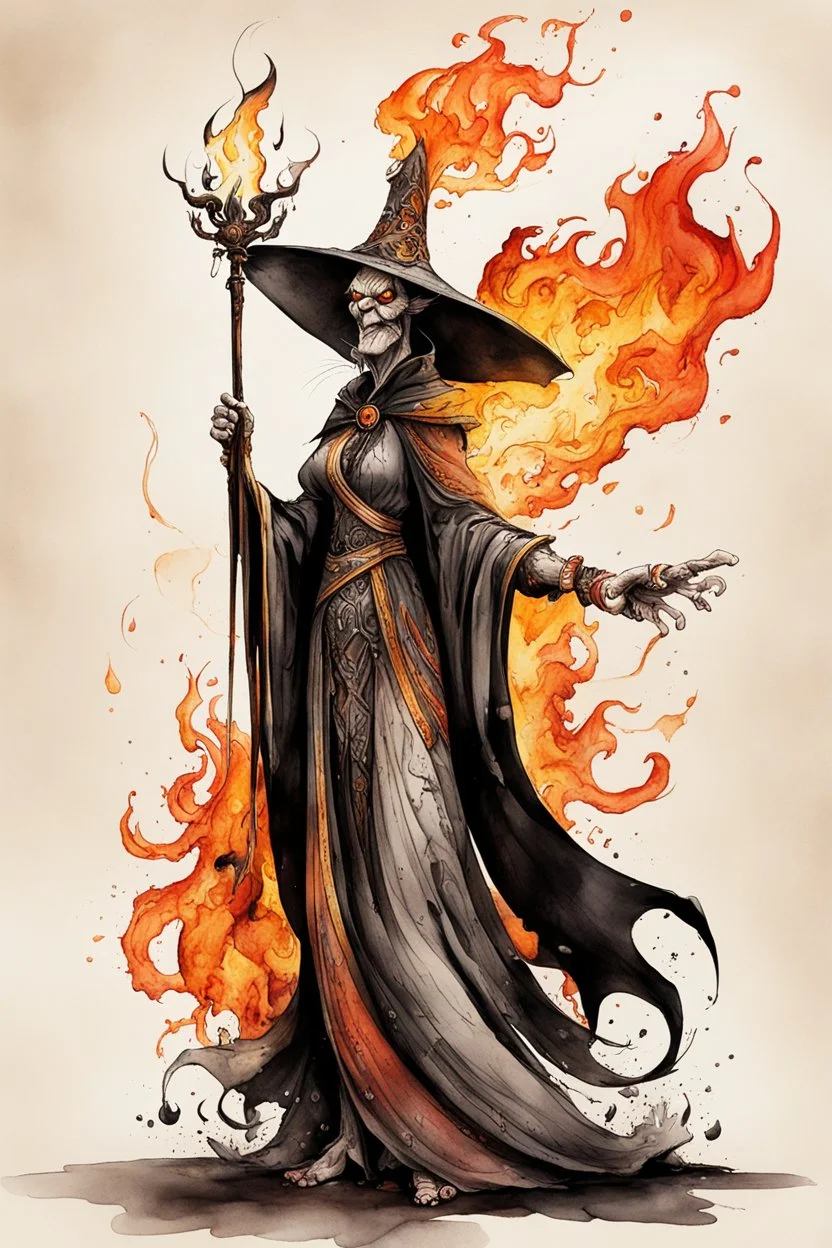 create an abstract ink wash and watercolor full body caricature of an aged, malevolent, ornately dressed , 14th century sorceress engulfed in fire ,highly detailed with refined facial features in the cartoon caricature style of Gerald Scarfe and Ralph Steadman precisely drawn, boldly inked, vividly colored, 4k