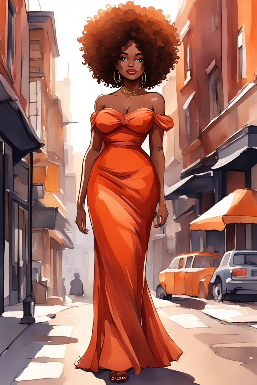 Create a watercolor cartoon image of a curvy black female walking thru the city streets wearing a burnt orange off the shoulder maxi sundress. Prominent make up with brown eyes. Highly detailed tight curly black shiny afro