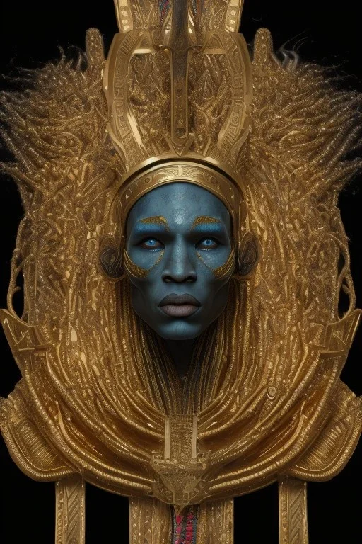 black male African Egyptian alien, cracks in the voodoo head, wicked, eyes, crown, Elephant, 8k, finely detailed, photo realistic, tiger turquoise skull head gold dragon space alien snow skeleton gold fang teeth silver crown silver eyes