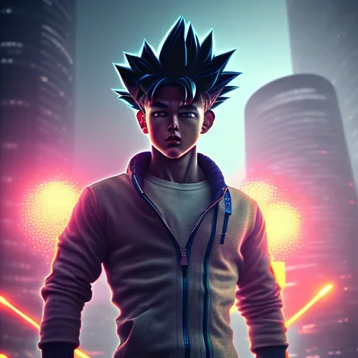 Son-goku standing on a bridge in a cyberpunk setting, cyber punk, close-up face, realistic, unreal engine