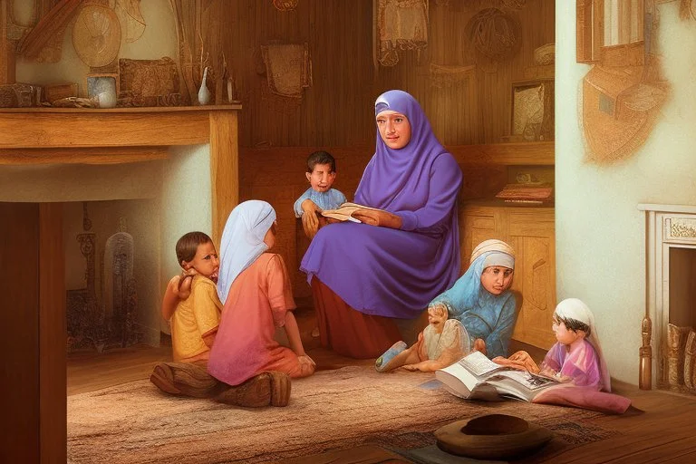 A close-up scene of an Arab mother reading the story from a book with her children around her in the room of the old wooden house near the fireplace 100 years ago.