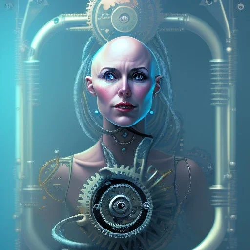 upper body of bald lady pirate in elevator, machine with gears and ropes, book cover, fantasy art, sketch, movie poster, mirrors