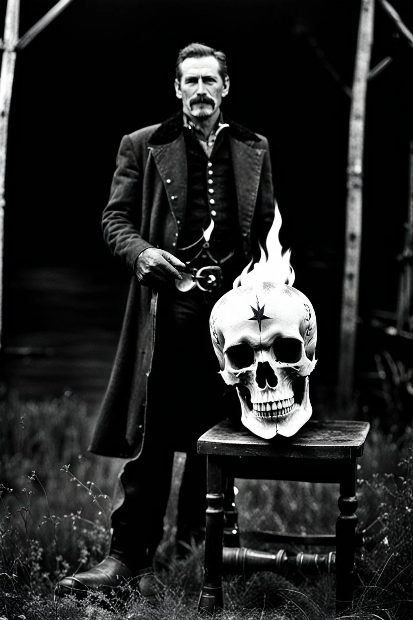 Cowboy with a flaming skull instead of a head, photograph