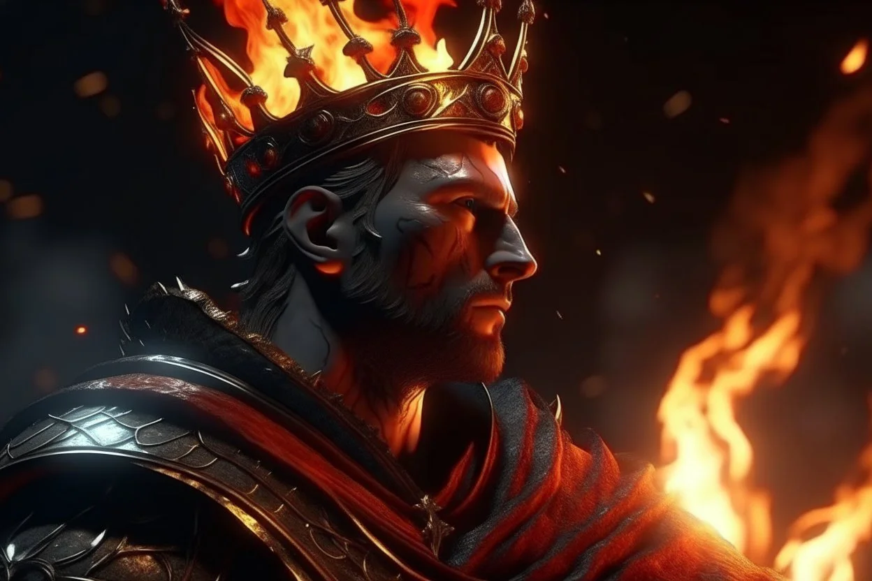 4k full realism full details full lights jeune roi avec couronne conquerant en colère firestarter