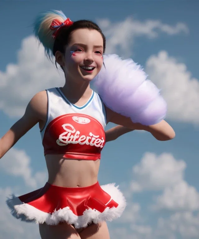 Ultra realistic speed clouds sky scene, wide angle view, cheerleader teenager falling down with many Children background, inflatable monsters, circus dress style, feather color, free jumping flying, many trinkets, hair monster, many jelly beans, balls, color smoke, smile, happy, extreme, wind, clouds sea, 20,000 feet altitude, stratosphere, soft color, highly detailed, unreal engine 5, ray tracing, RTX, lumen lighting, ultra detail, volumetric lighting, 3d, finely drawn, high definition.