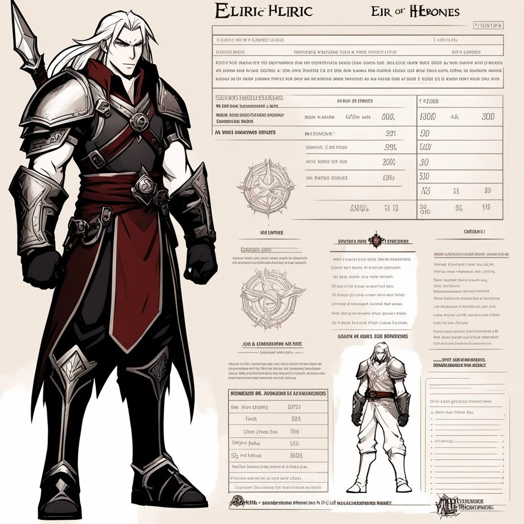 character concept sheet with AD&D statistics and characteristics, [wii No More Heroes style with thick lines] Elric of Melniboné