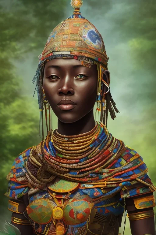 african portrait, warrior costume, village, meditation, woods, galaxy sky, 8k quality