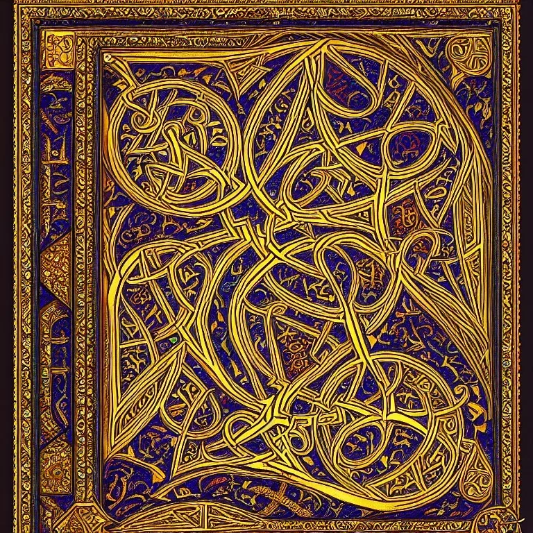 Book of Kells carpet page, a highly detailed illustration, realistic render, 8 k, micro detail, intricate, elegant, centered, digital painting, Artstation, smooth, sharp focus, illustration, artgerm