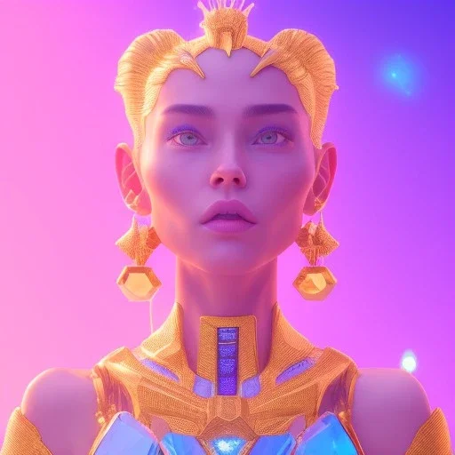 A portrait of a crystalised blue pink extraterrestrial, gold, diamonds, sunny background, atmospheric, realistic, unreal engine, 8k. Cinematic lighting, octane render.