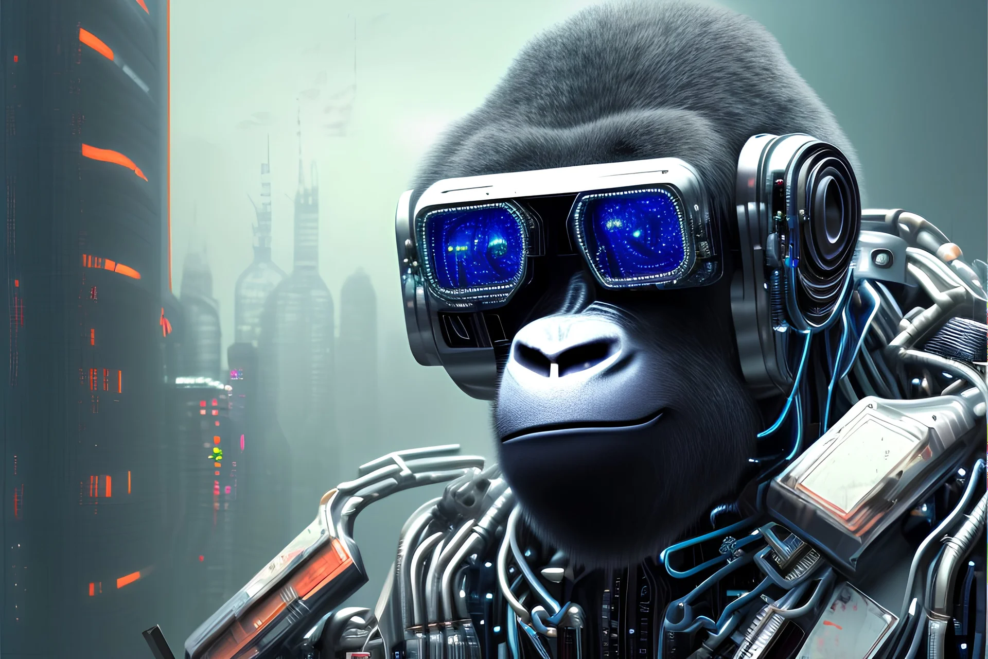 Create a painting of a cyberpunk-style robotic cyborg gorilla in a 3/4 view. It should wear bridge-less rectangular goggles and a high-tech cybersuit with reflective black plastic, rusted metal, and various wires. The gorilla should be looking to the side, illuminated by harsh, high-contrast lighting from the top right.