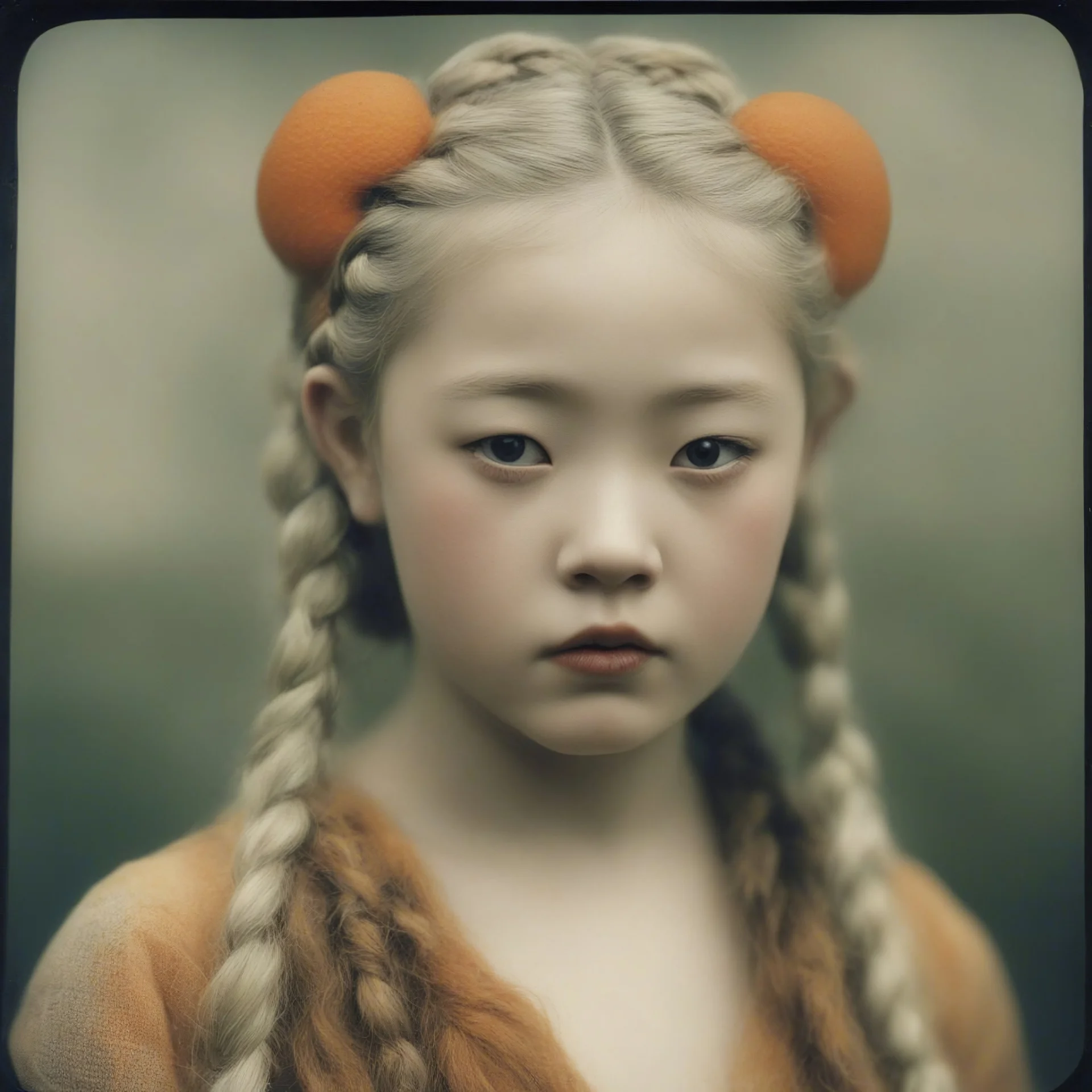 Old autochrome of devon aoki ,with orange cheeks, weird white braids., , in 1550