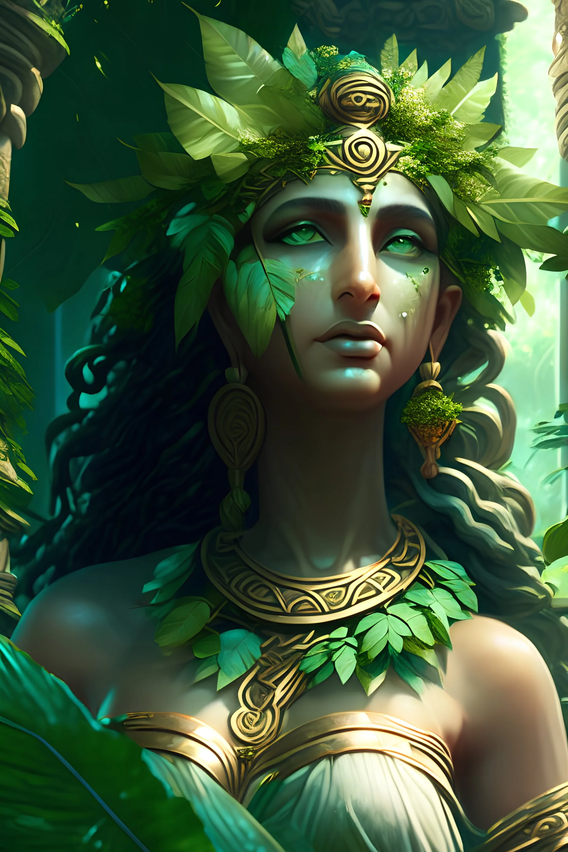 Ancient greek godess in lush greenery, jewels,wider view, 4k ,hd