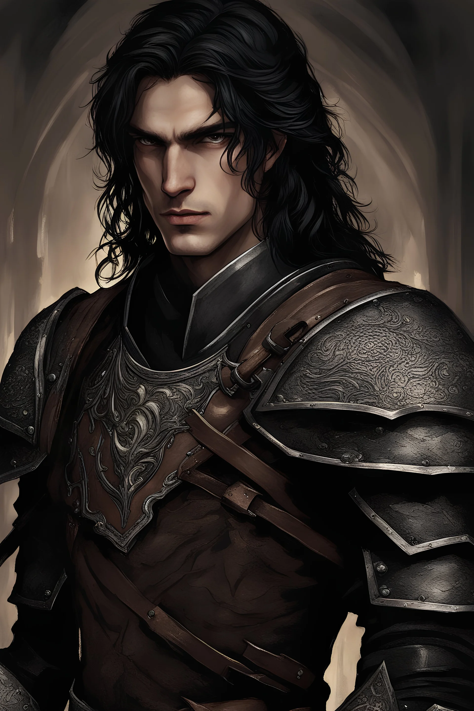 medieval style, a young, tall, male elf man with long black hair, wearing leather armor