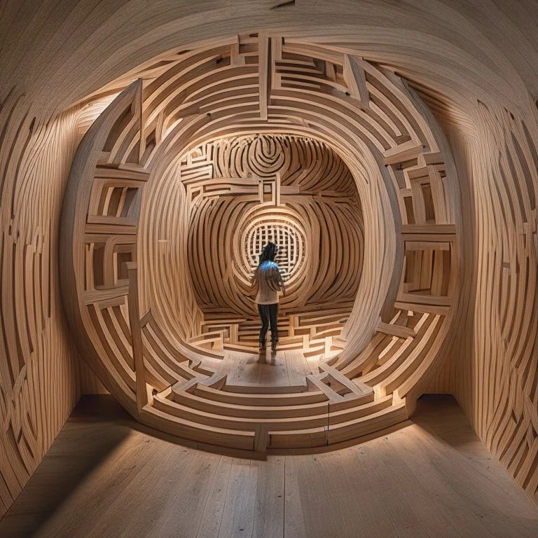 An immersive circular wooden labyrinth with a single entry and exit. Portraits of addiction and healing are visually connected by delicate threads. The labyrinth walls, adorned with engravings representing struggles, guide visitors through the transformative journey. Experience the progression from darkness to light, chaos to harmony, and despair to hope in this introspective installation.