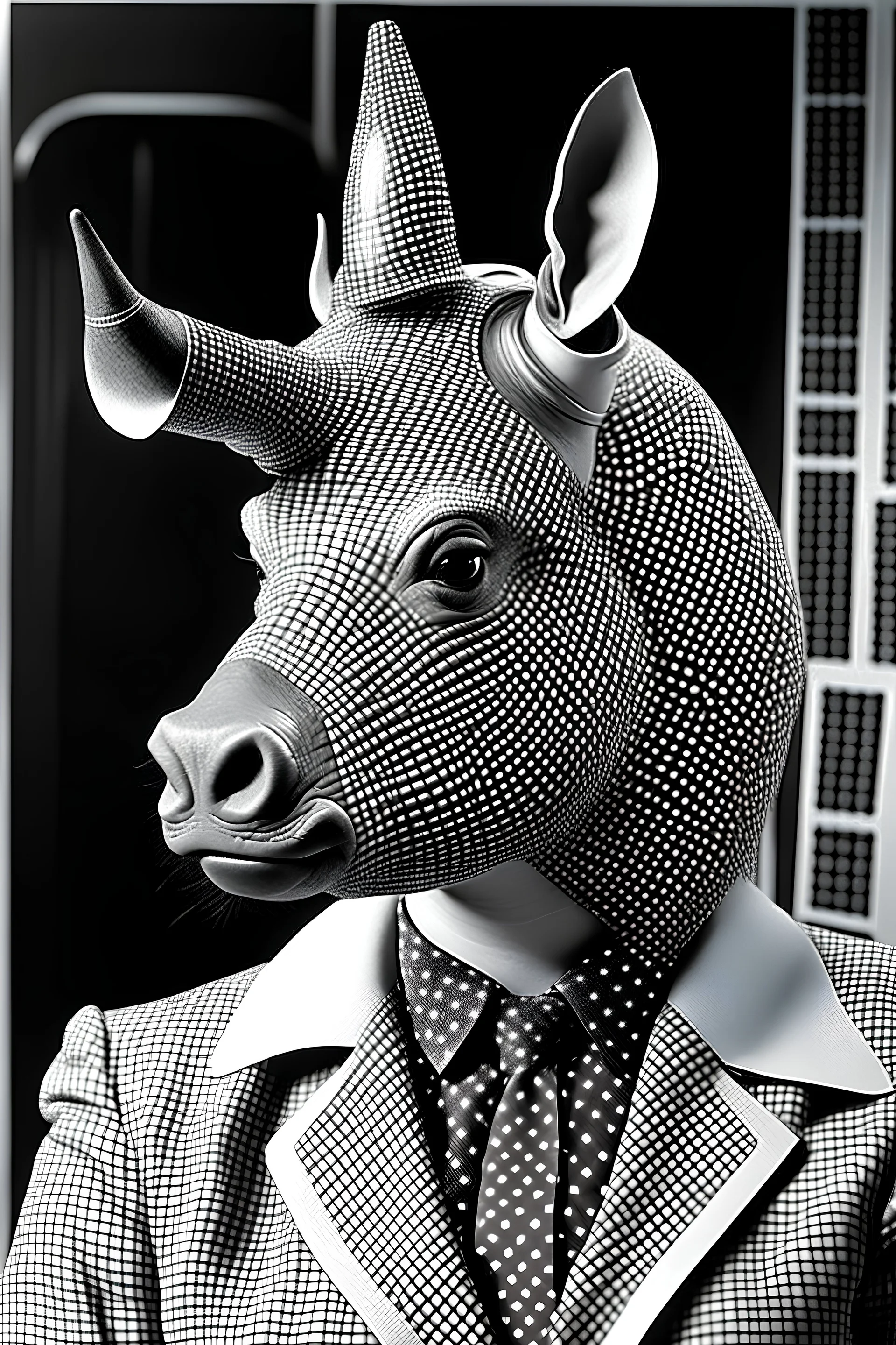 a headpiece merge with rhinoceros and grid, 1960s office style with monitor eyes