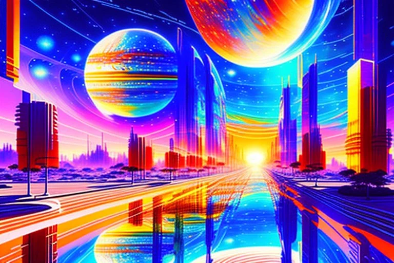 Epic futuristic street, exoplanet in the sky, impressionism painting