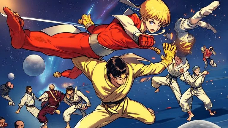 Martial Arts master, kicking, fighting, short hair, epic, space, planetary, tomboy