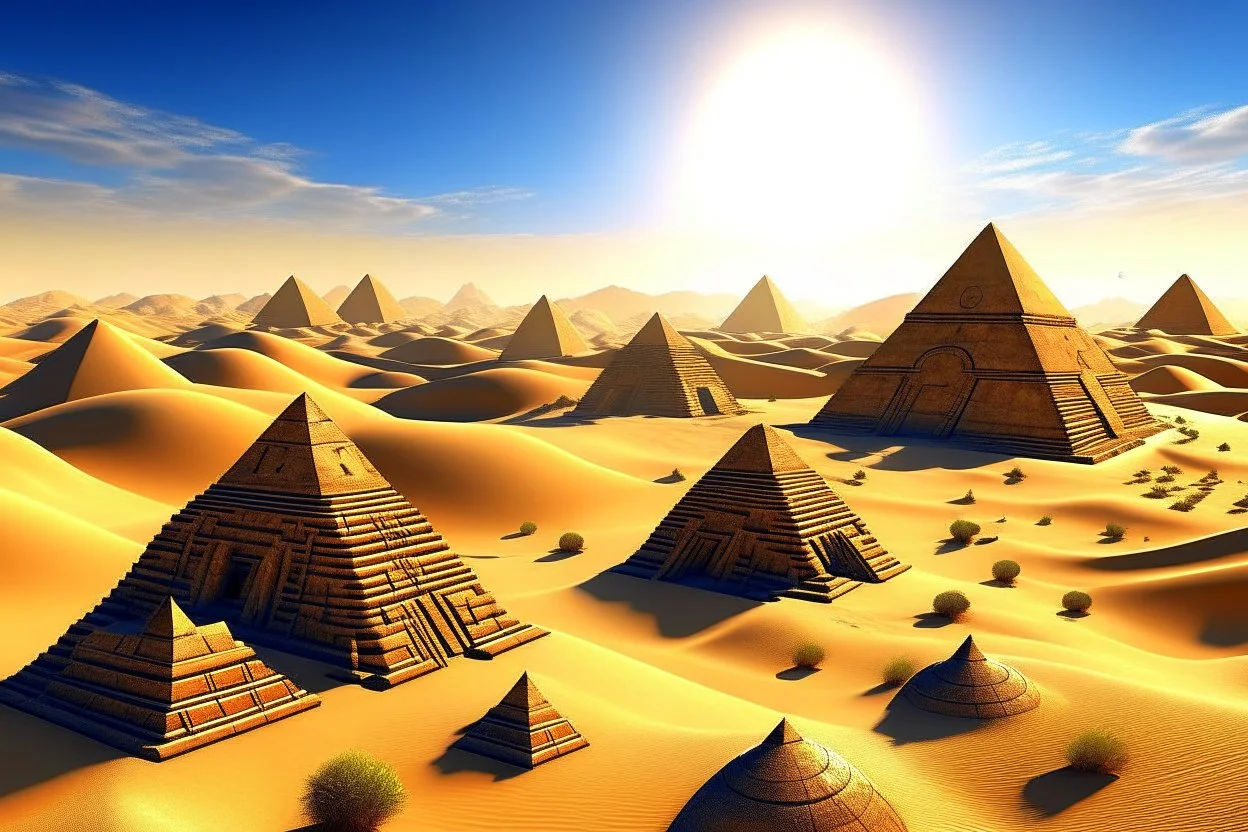 A desert in sunlight with pyramids and temples with clocks on them designed in Kuna Molas