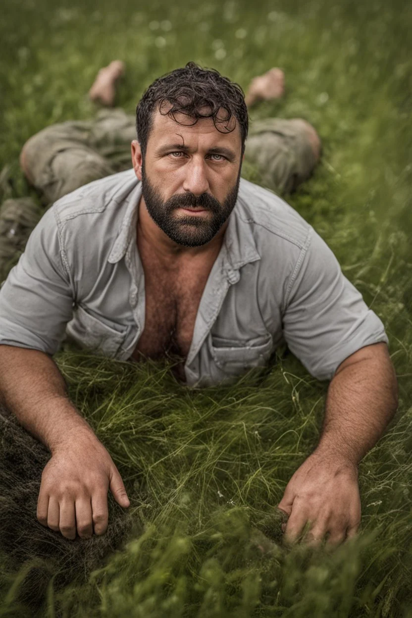 aerial top view half figure shot photography of an ugly 32 year old stocky robust burly turkish carpenter , relaxing in the meadow, , hands behind the head , wearing bulging shorts, shirtless, hairy chest, manly chest, manly legs, serious, very virile, short beard, shaved hair, under the rain, wet, in a rainy day, photorealistic