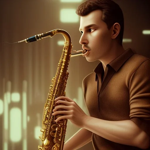 portrait of peter dobson playing saxophone, blade runner, low key lighting, volumetric light, digital art, highly detailed, fine detail, intricate, ornate, complex, octane render, unreal engine, photorealistic