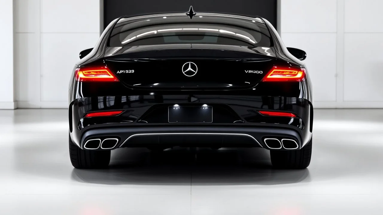 Full image of the rear view of a black Mercedes-Benz CLS with lights on