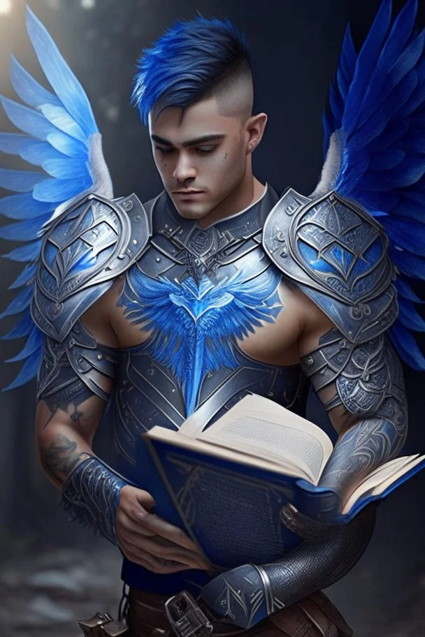 a person in runic armor with blue wings, blue short hair, runic tattoo and spell book, male