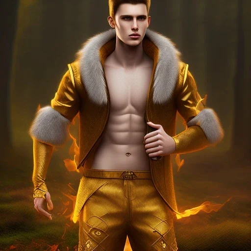 Male, Human, Blond, Sorcerer, Fire Mage, Golden Eyes, Young, Photorealism, Full Body Shot, Forest Background