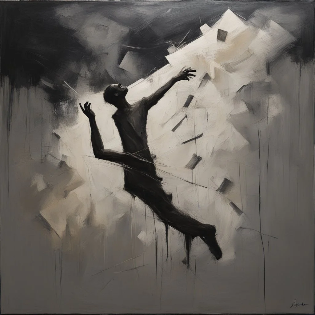 Minimal abstract oil paintings falling person limbs sinew and concrete fragments illuminated at night style of Justin Mortimer and Phil Hale