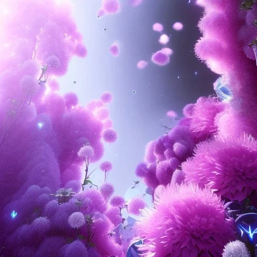 very beautiful crystal flowers , elegant, cascades, atmospheric, realistic, cinematic lighting, pink blue light, 8k, galactic atmosphere, flowers