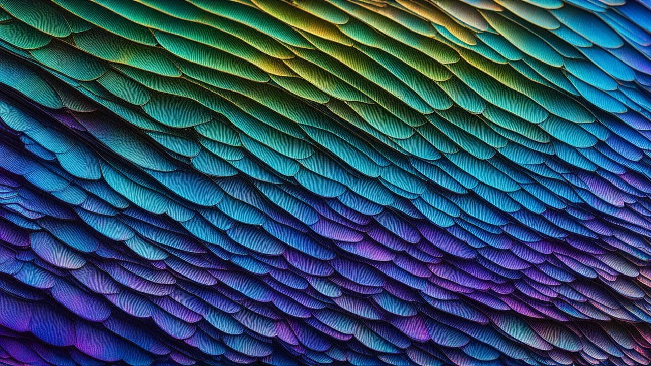 A high-magnification image of butterfly wing scales, showcasing their iridescent, overlapping structure. The photomicrograph captures the shimmering blues, greens, and purples in exquisite detail. Beautiful award-winning photograph, inspiring, rule of thirds, balanced delightful composition, perfect lighting, superb detail, 16k render