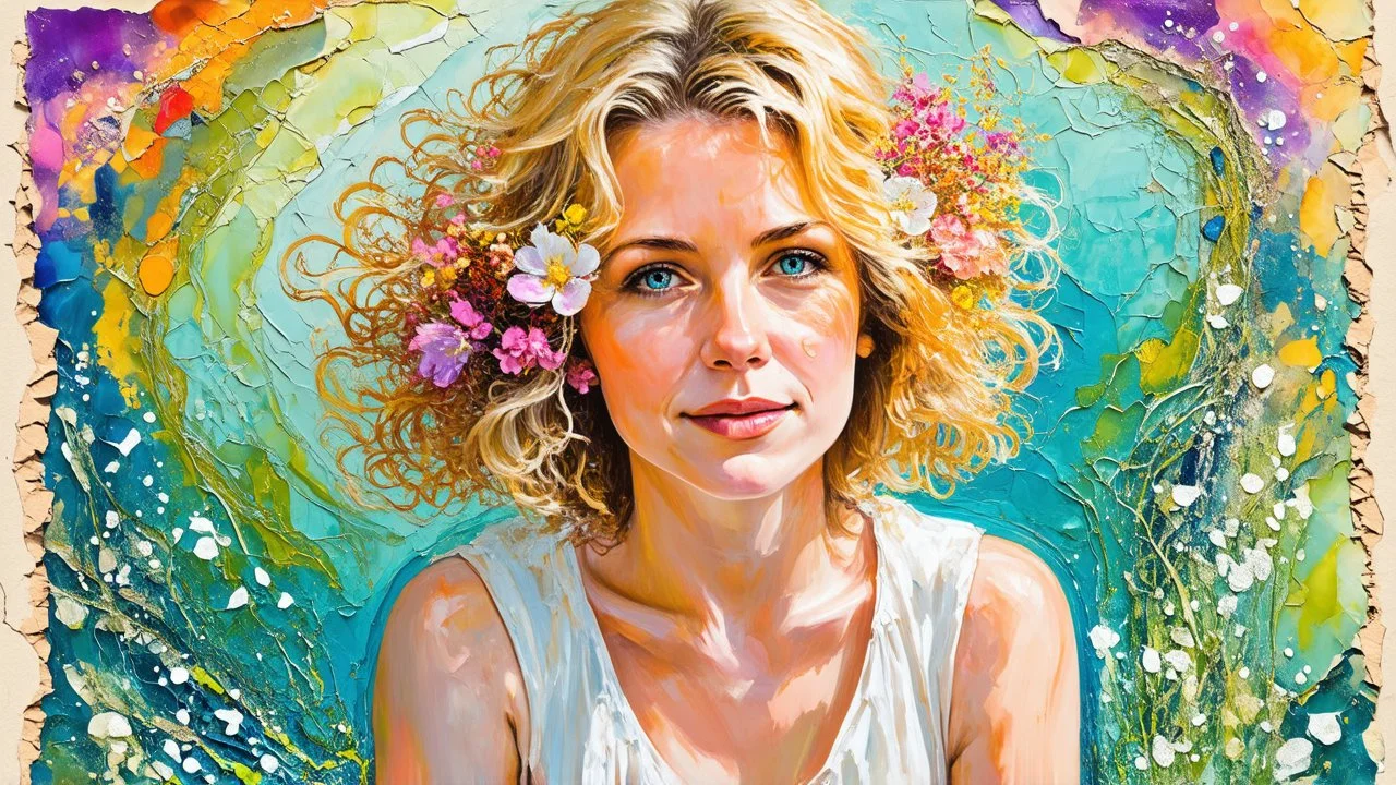 abstract art complementary colors fine details , old torn worn paper, high grain, portrait blonde , flowers in hair, acrylic, alcohol ink, fine drawing, A blonde woman in her 40s, with flowers woven into her loose, curly hair, sits in a whimsical, fairytale setting, surrounded by delicate swirling patterns reminiscent of the textures of old torn paper, in a vibrant, abstract style combining acrylic and alcohol ink techniques, with fine detailing that highlights complementary colors, in the expre