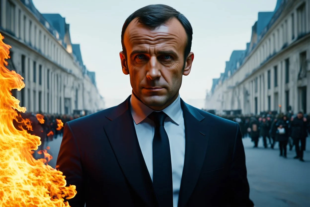 4k full realism. Full details. Lumieres ultra. Crée le portrait de Macron en robot terminator mettant le feu à la ville de paris.