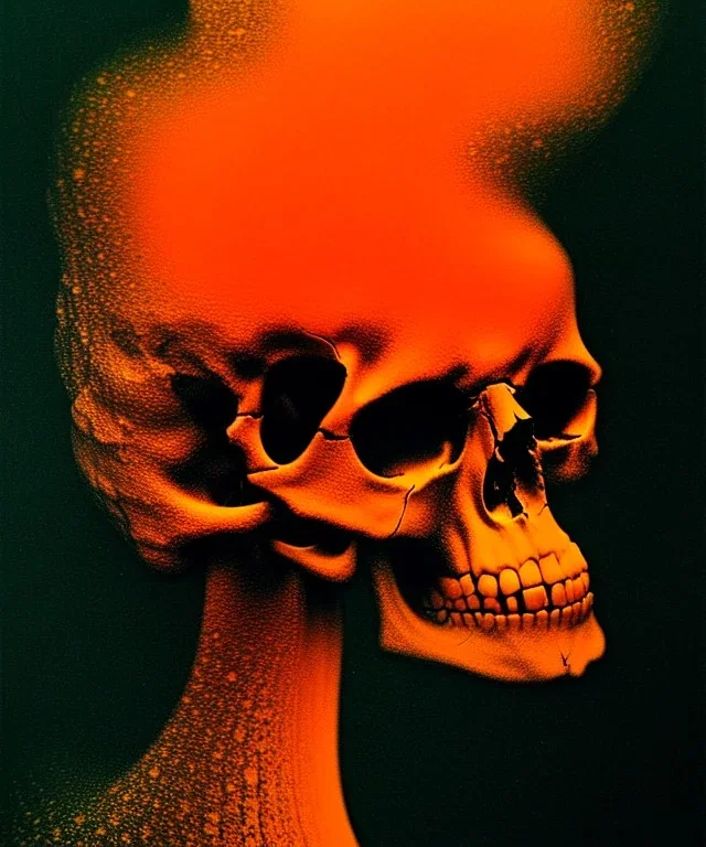 broken realistic skull. black background. smoke and explode. particles in air. teal and orange. abstract. beksinski.