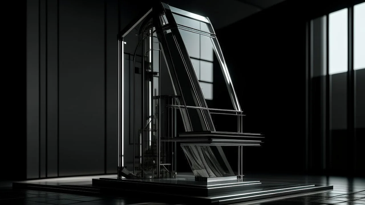 An abstract sculpture made of metal and glass, showcasing a pediment elastic centuries machine in a minimalist and modern style. The scene features sleek lines and geometric shapes, emphasizing the machine's functionality and timeless design. The use of reflective surfaces creates an illusion of movement and depth, inviting viewers to contemplate the intersection of past and future