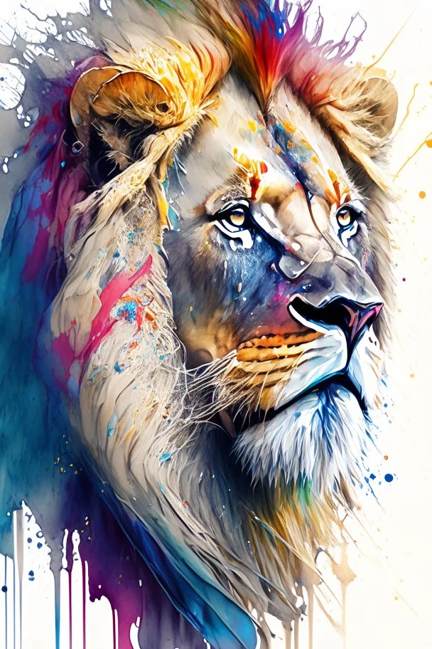 "lion", clean design, art station, splash of colorful paint, contour, ((solid white background)), gazing into camera, hyperdetailed intricately detailed, unreal engine, fantastical, intricate detail, splash screen, complementary colors, fantasy concept art, 8k resolution, DeviantArt masterpiece, watercolor, paint dripping