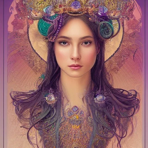 portrait,"Insanely detailed photograph of a beautiful Queen of the light Goddess,gorgeous clean face, highly intricate dress,intricately designed colorful mardigras decorations in hair,elegant, highly detailed hair, digital painting, artstation, concept art, smooth, sharp focus, illustration, art by artgerm and greg rutkowski, alphonse mucha,Dan witz, 8 k,looking downward,album cover art,fantasy